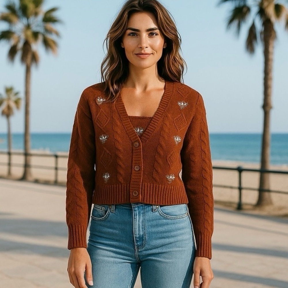 EUC Women’s Crop top/Cardigan Almost Famous Brown Embroidered Knit